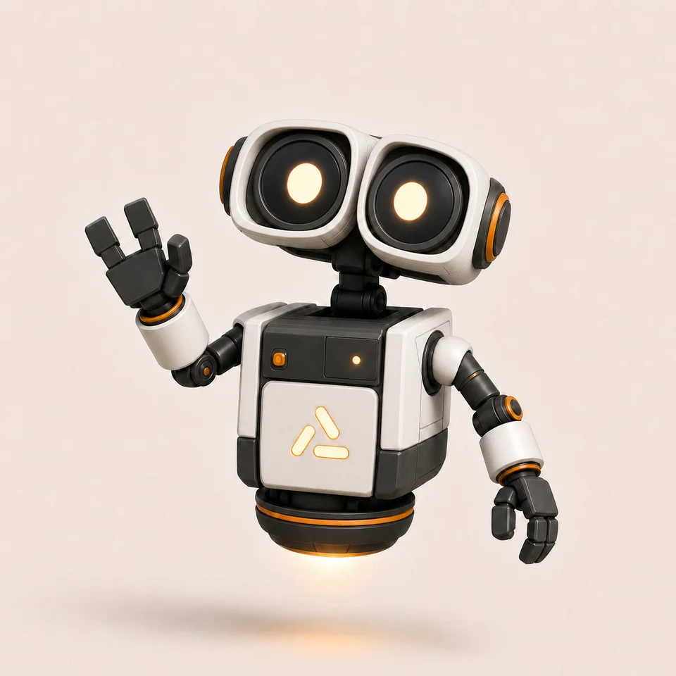 Aubie, our floating robot with twin glowing amber eyes, a white shell and the Auburn mark