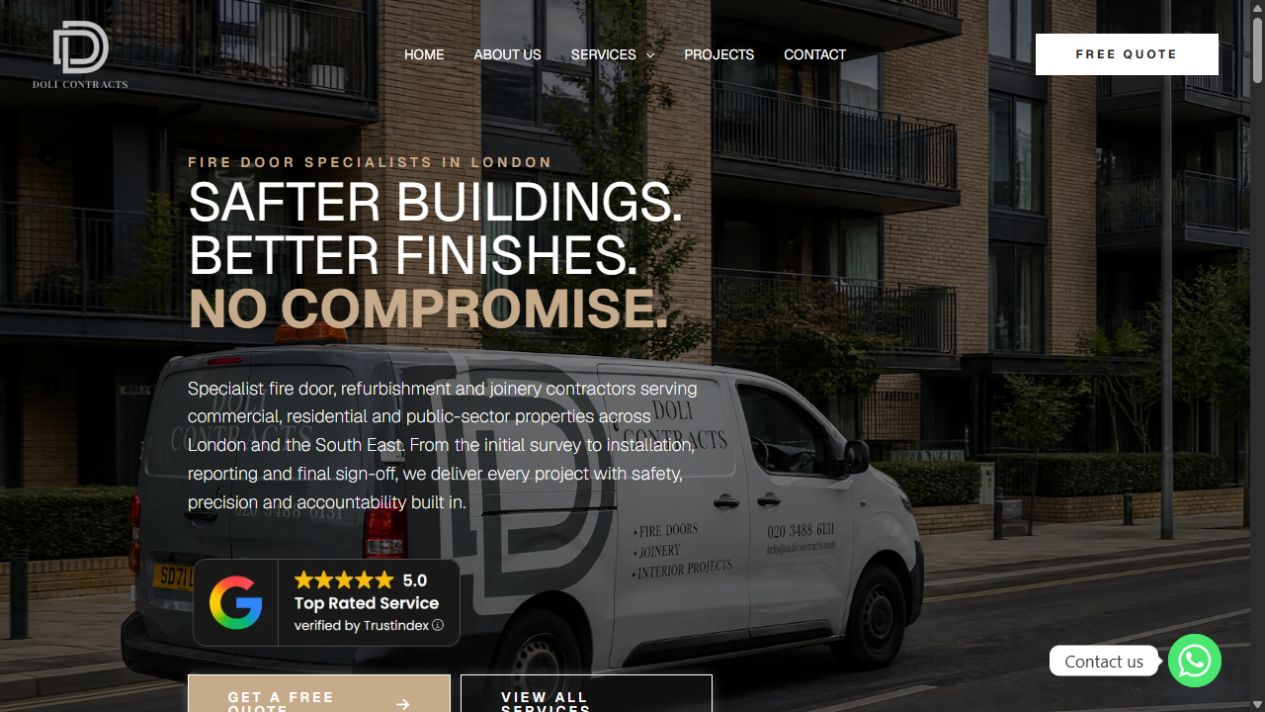 Doli Contracts website, introducing its fire-door, refurbishment and joinery services