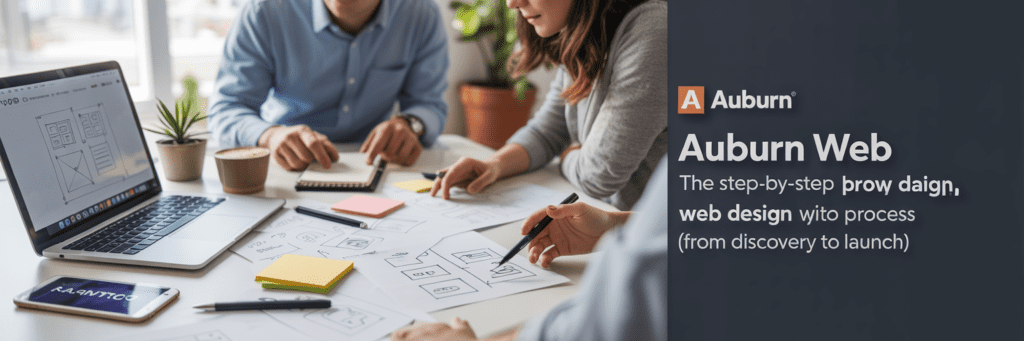 alt_text: "Clean desk with laptop wireframe, paper sketches, smartphone analytics, two collaborators' hands."
