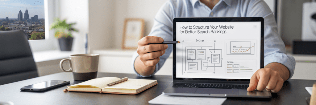 alt_text: Person's hands pointing at laptop screen showing sitemap, notebook, mug, plant, window with skyline.