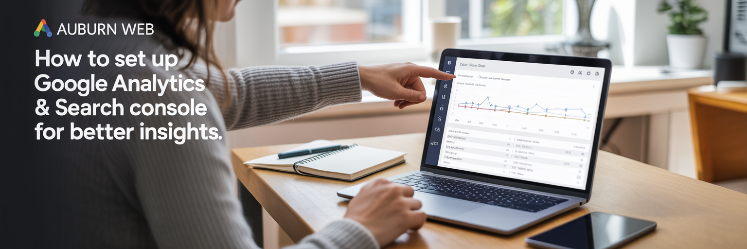 "Hands pointing at laptop displaying analytics charts on a clean desk with auburn accent."